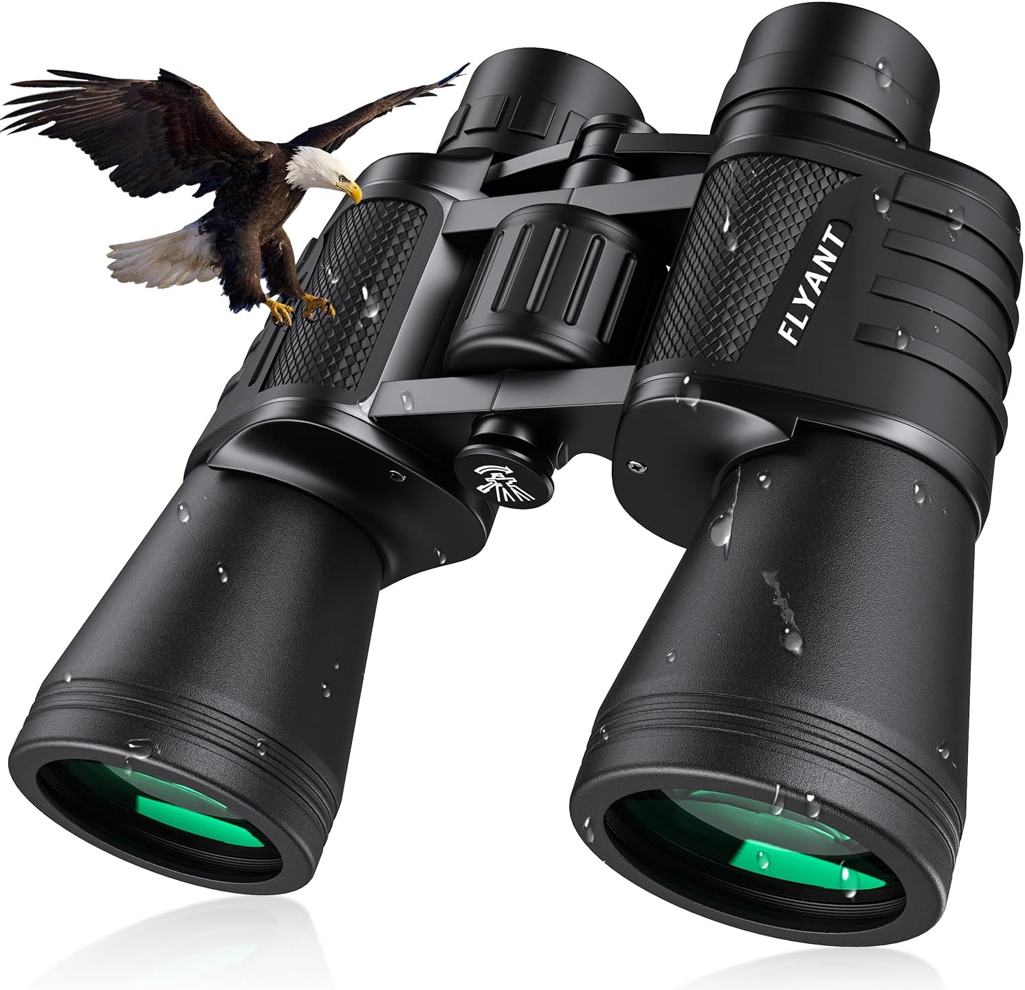 FLYANT twenty by fifty high powered binoculars front view showing fifty millimeter objective lenses