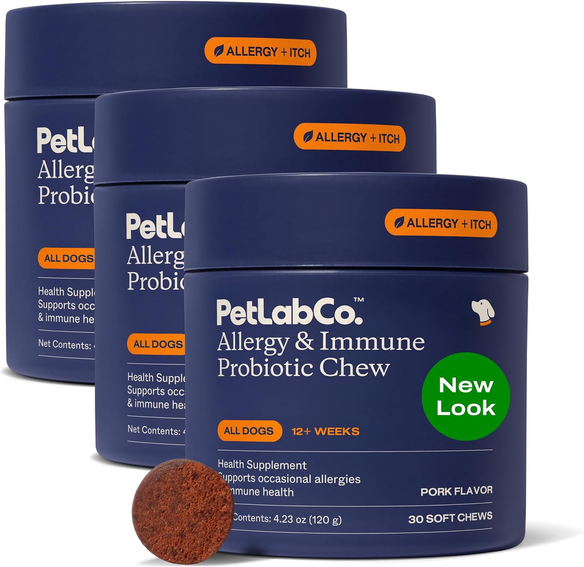 PetLab Co. Allergy And Immune Probiotics For Dogs front packaging showcasing three-pack premium container.