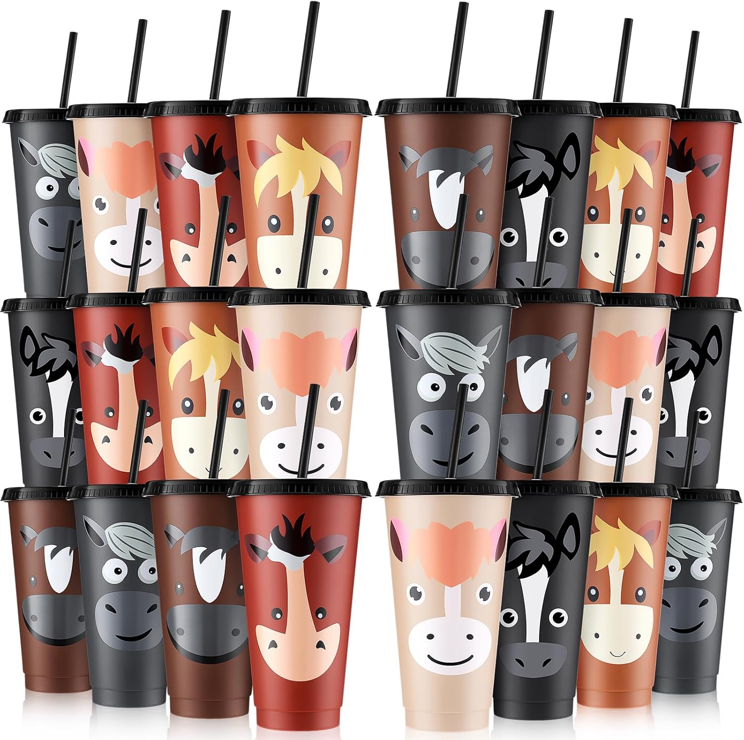 Mifoci 24 Horse Party Favors Horse Cups with Lid Straw 24 oz Plastic Drink Cups Bulk Reusable Tumblers for Birthday Party Themed Gifts - Image 1