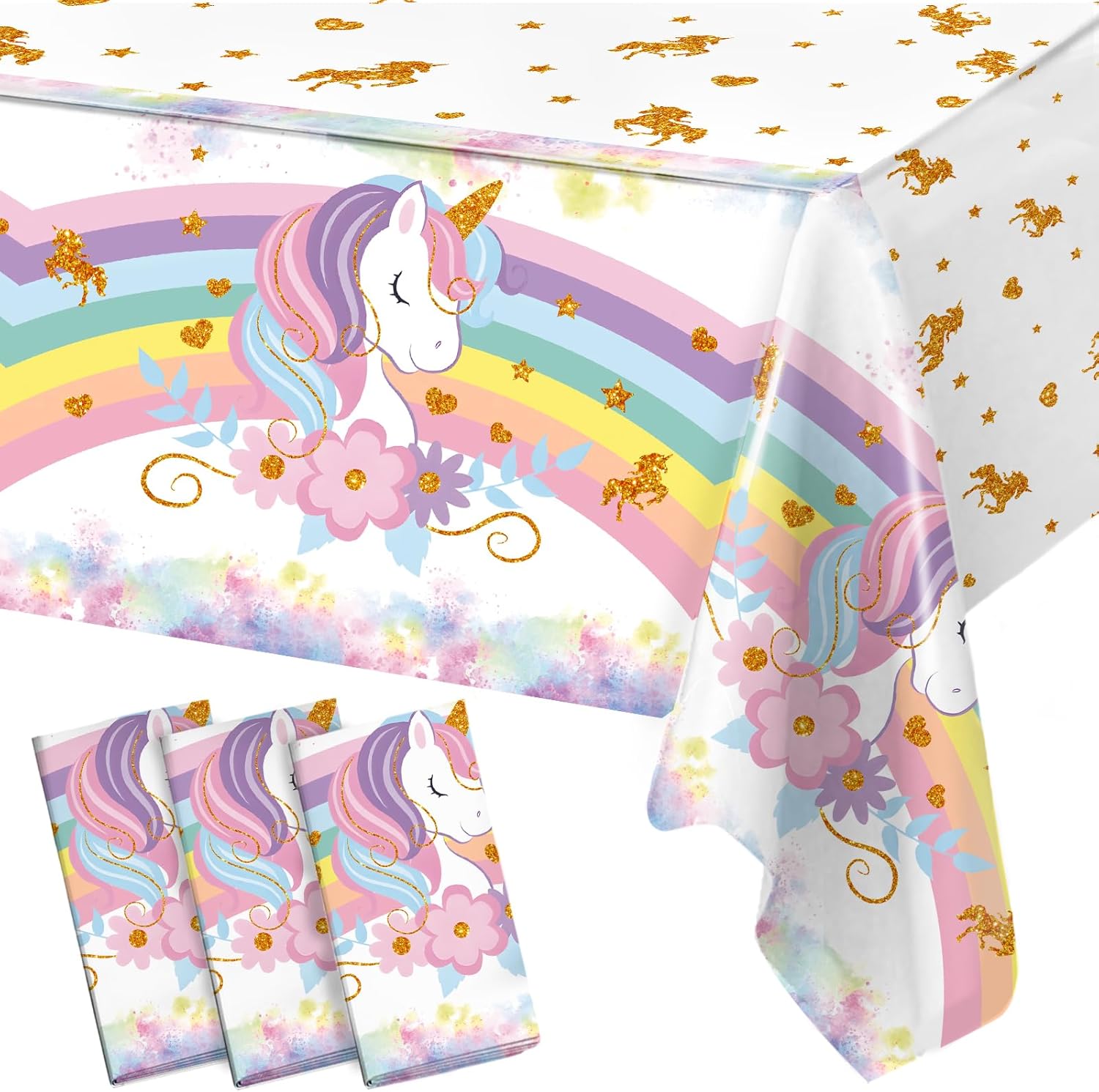 Staraise unicorn disposable tablecloth pack front view showing pastel rainbow birthday decorations