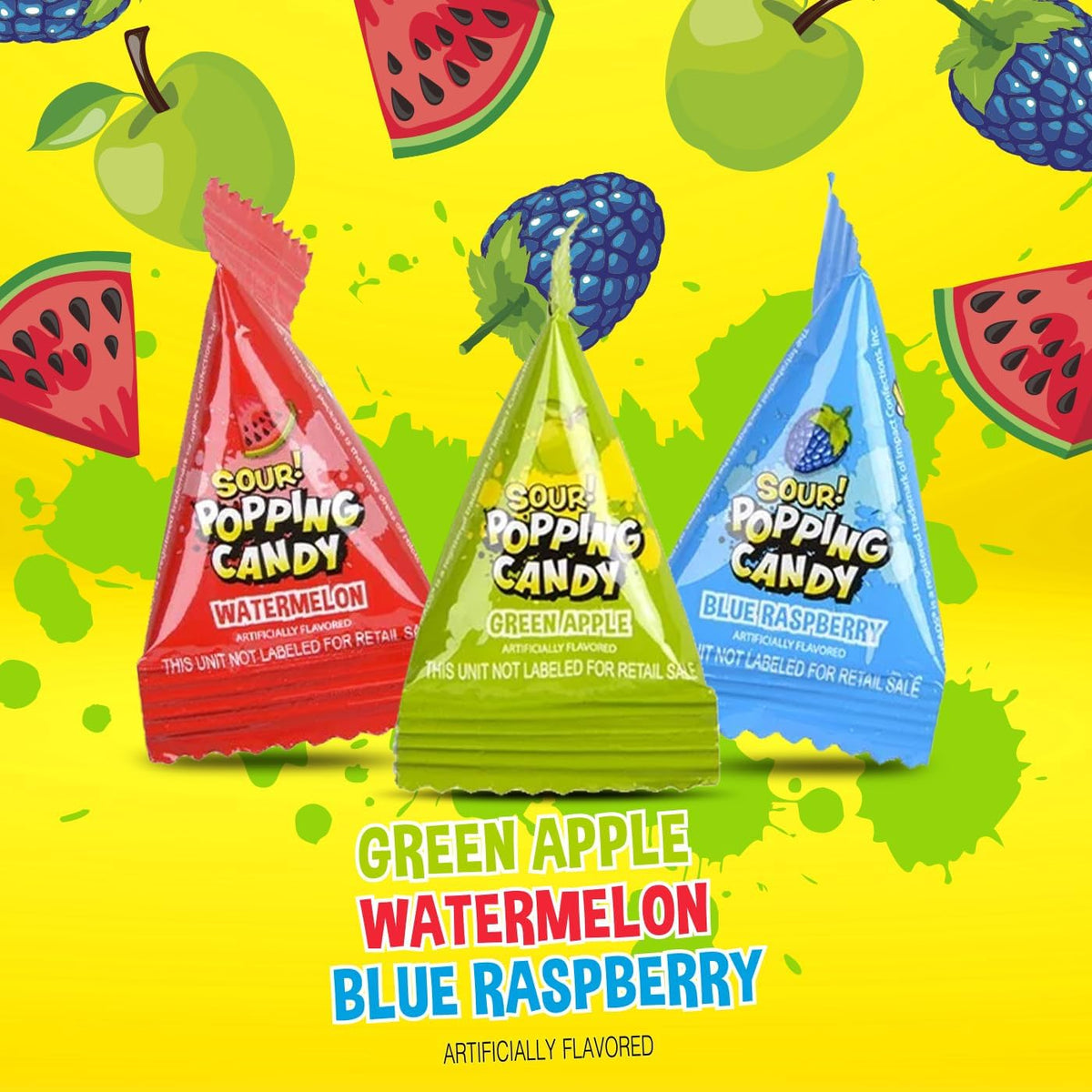A hand holding a single mini triangle pouch of authentic FUNTASTY sour popping candy to demonstrate the convenient portion size.