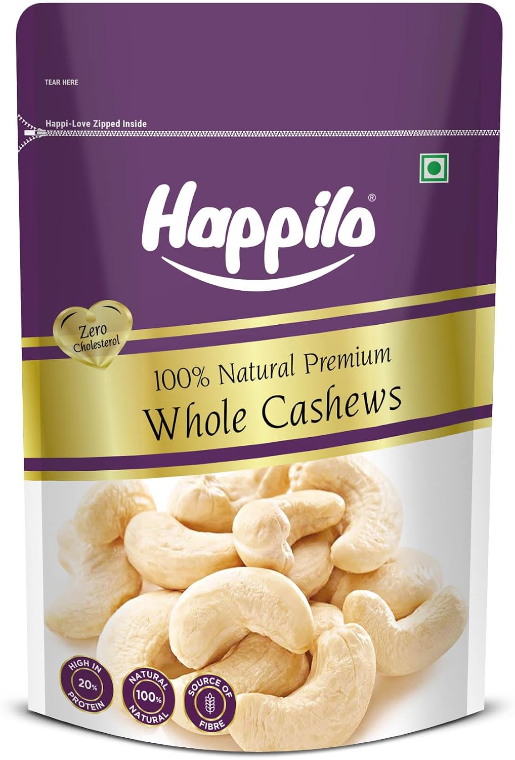 Happilo premium whole cashews front view packaging
