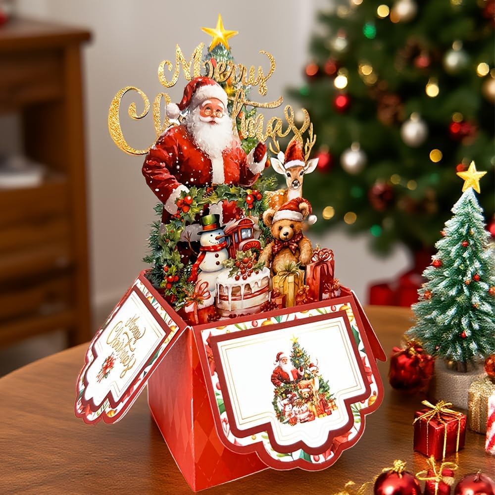 FOSDICK vintage 4-layer Christmas greeting card front view showcasing 3D pop-up Santa Claus design
