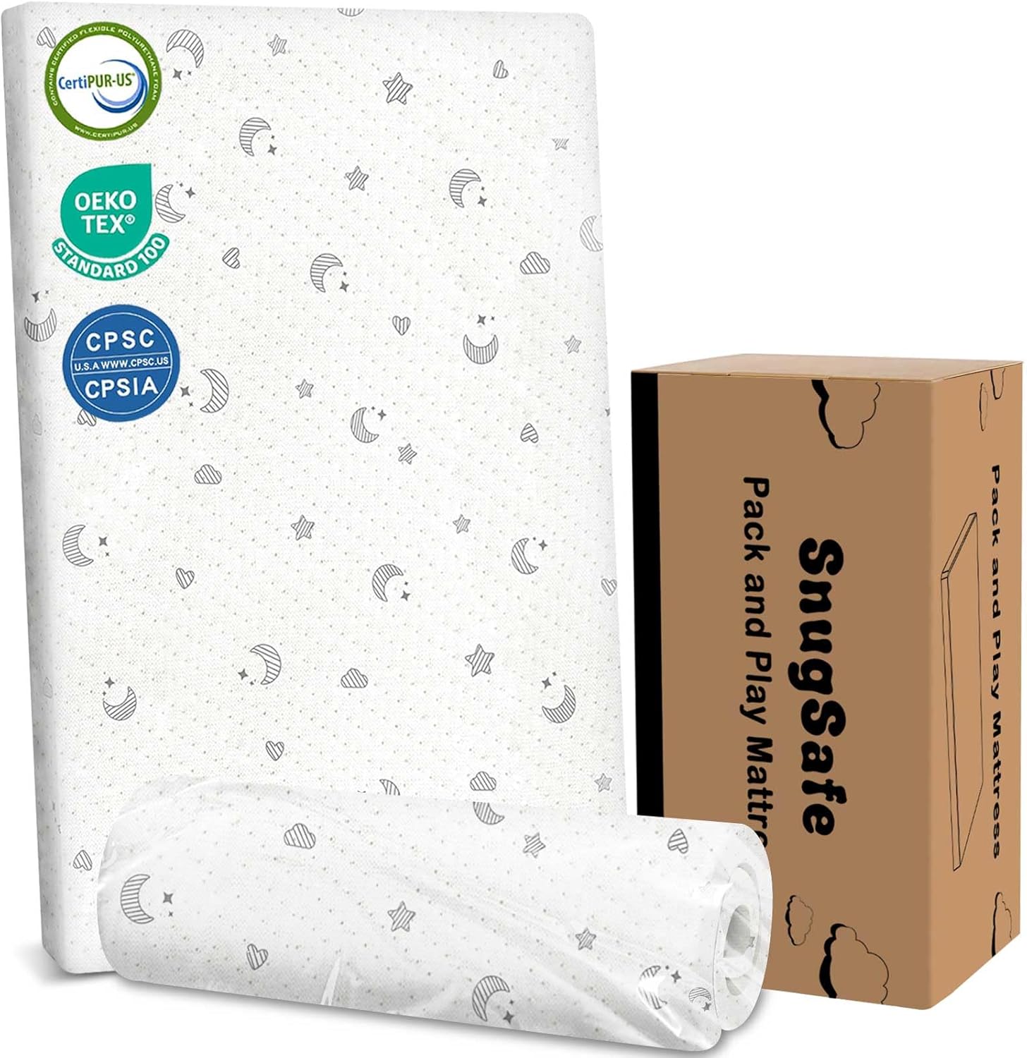 SnugSafe Pack and Play Mattress Pad front view with moon and star pattern