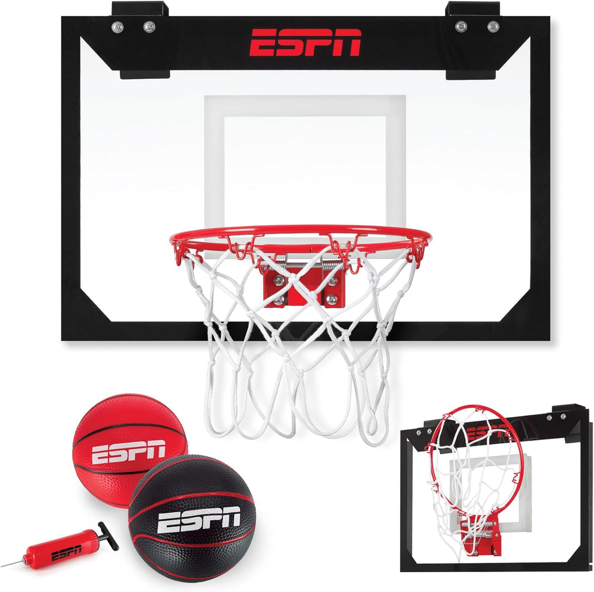 ESPN mini basketball hoop with red rim and clear backboard