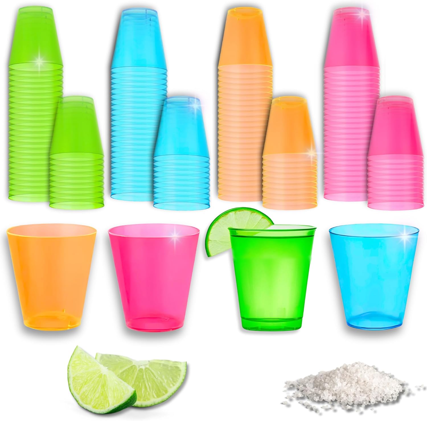 Stumbelina Neon Plastic Shot Glass Cups 100 Count front view of colorful stack.