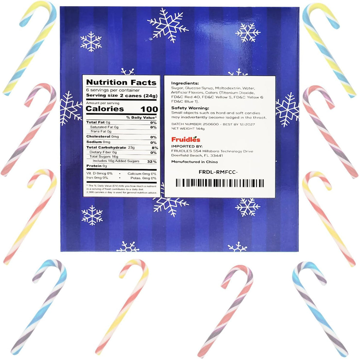 Individually wrapped multicolored rainbow fruit flavored Christmas candy canes on a festive background