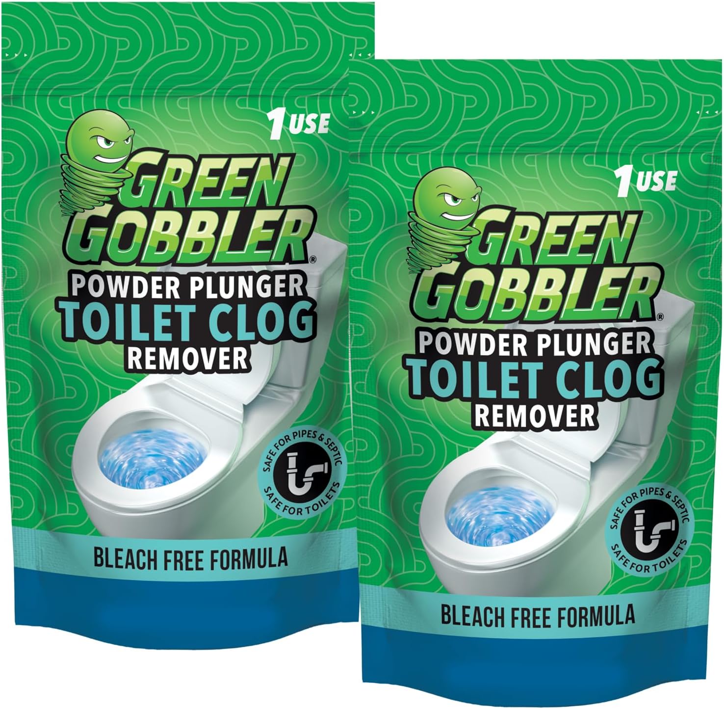 Green Gobbler Powder Plunger 2 pack front view authentic toilet clog remover