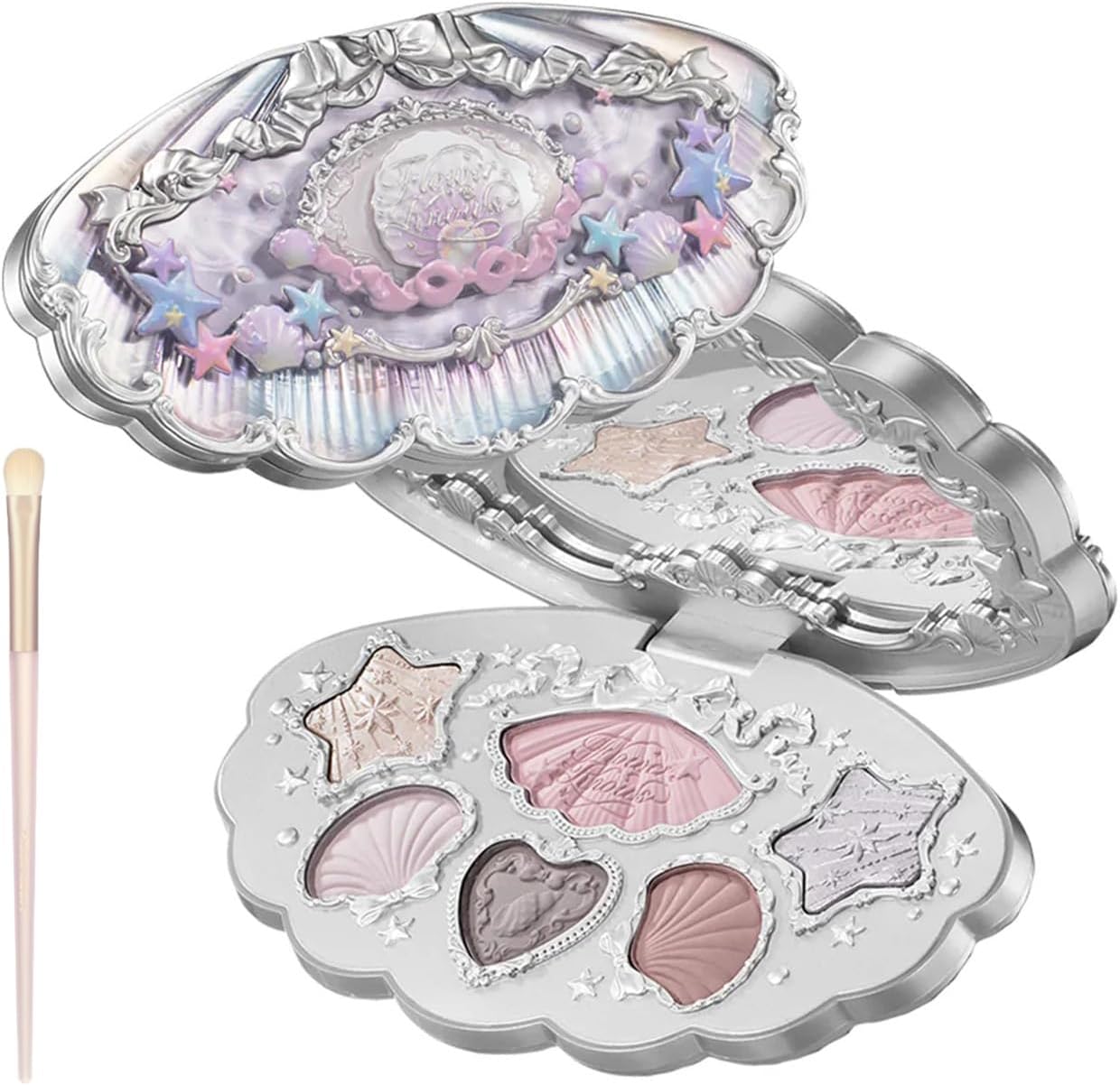 Flower Knows Shell's Jewel 6-Color Makeup Palette front view featuring iridescent 01 Moonlight Pearl shell packaging.