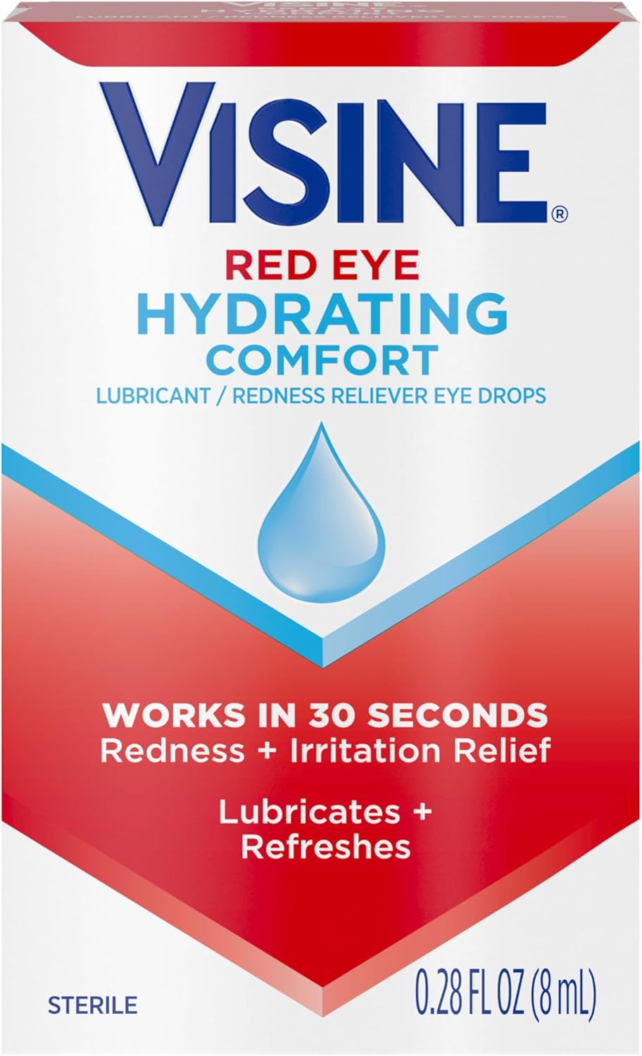 Visine Red Eye Hydrating Comfort Redness Relief and Lubricant Drops to Help Moisturize and Relieve Due to Minor Eye Irritations Fast, Tetrahydrozoline HCl, 0.28 fl. oz - Image 1