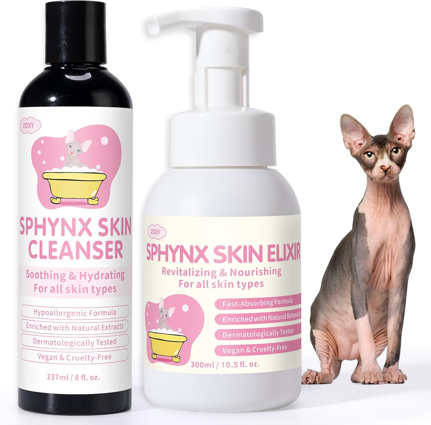 Mr Wrinkles Sphynx Cat Skin Care Duo front view showing hypoallergenic shampoo and conditioner bottles.