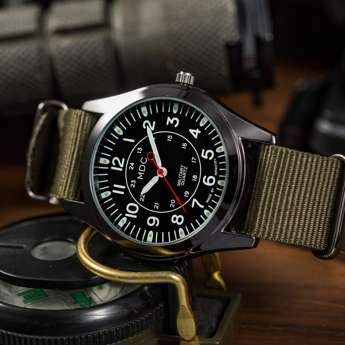 Infantry field watch side profile with crown detail