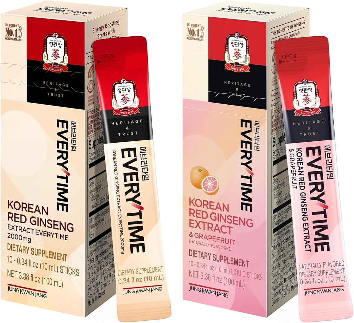 JungKwanJang Everytime Korean Red Ginseng Liquid Stick Bundle front view showing 20 sticks packaging.