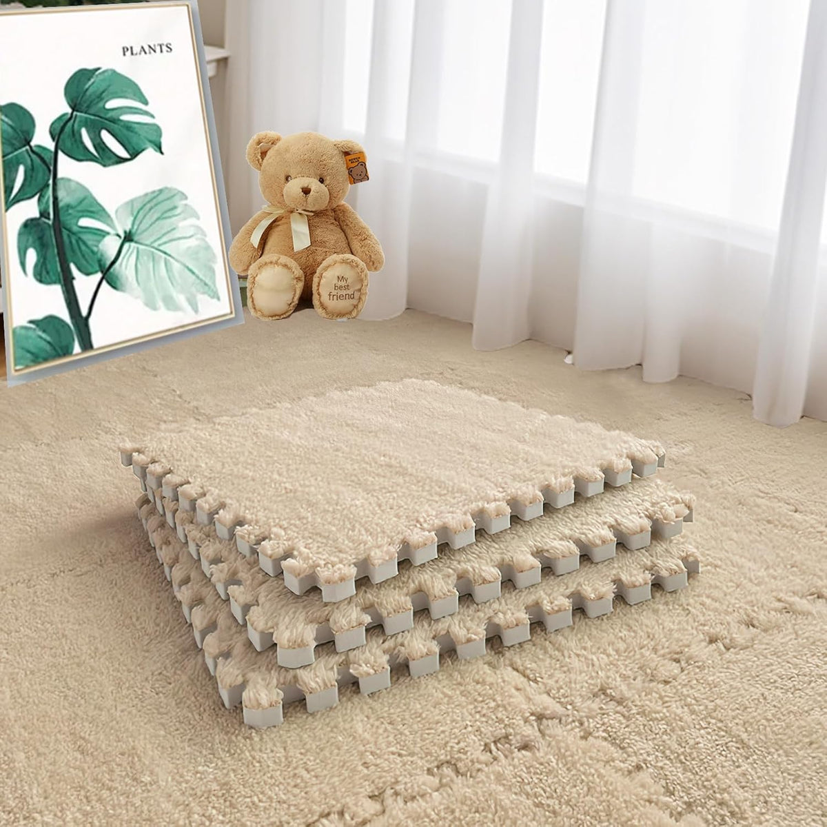 Jaderlu 16 piece interlocking shaggy foam mats front view