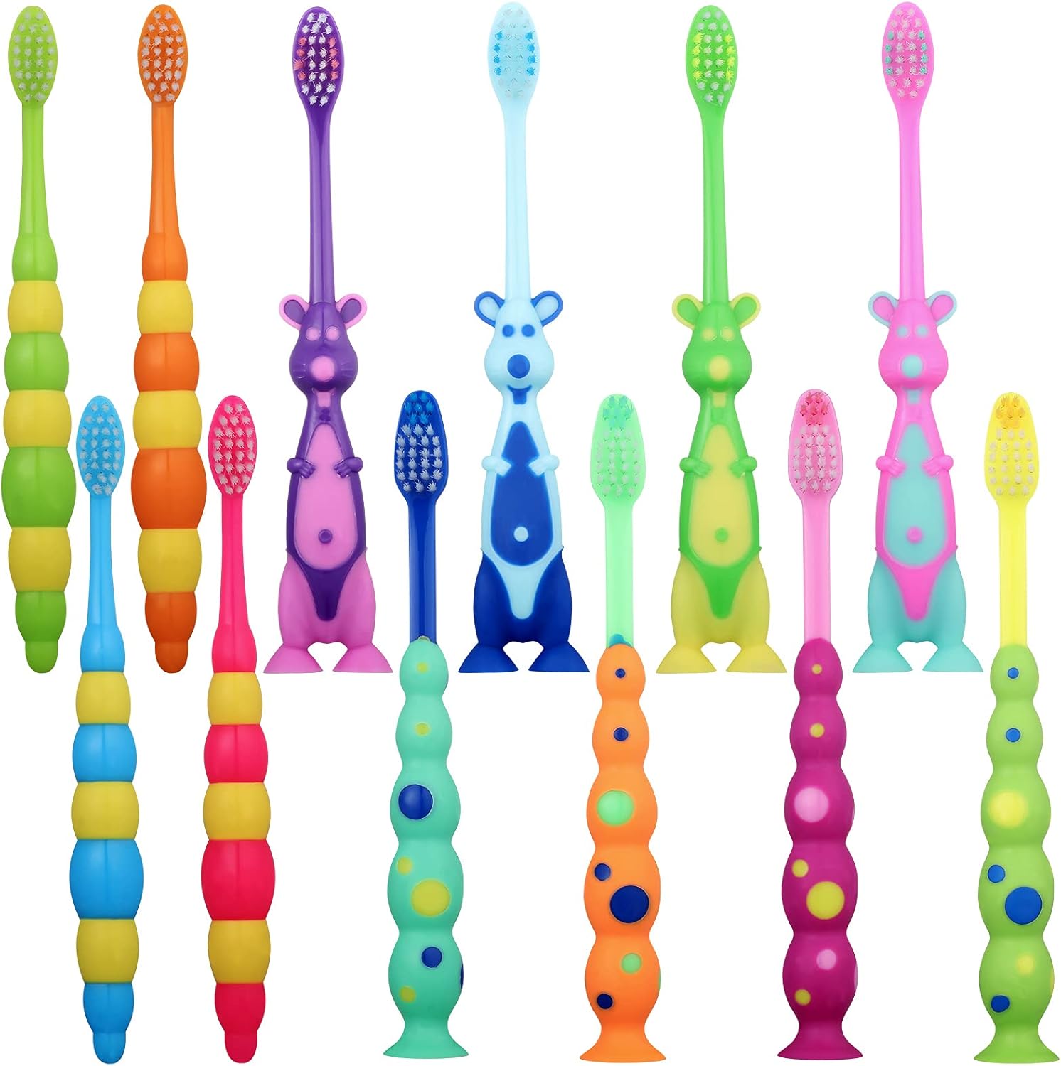 Lauwell 12-Piece Toddler Toothbrush Pack featuring animal handles and suction cup bases for kids oral care.