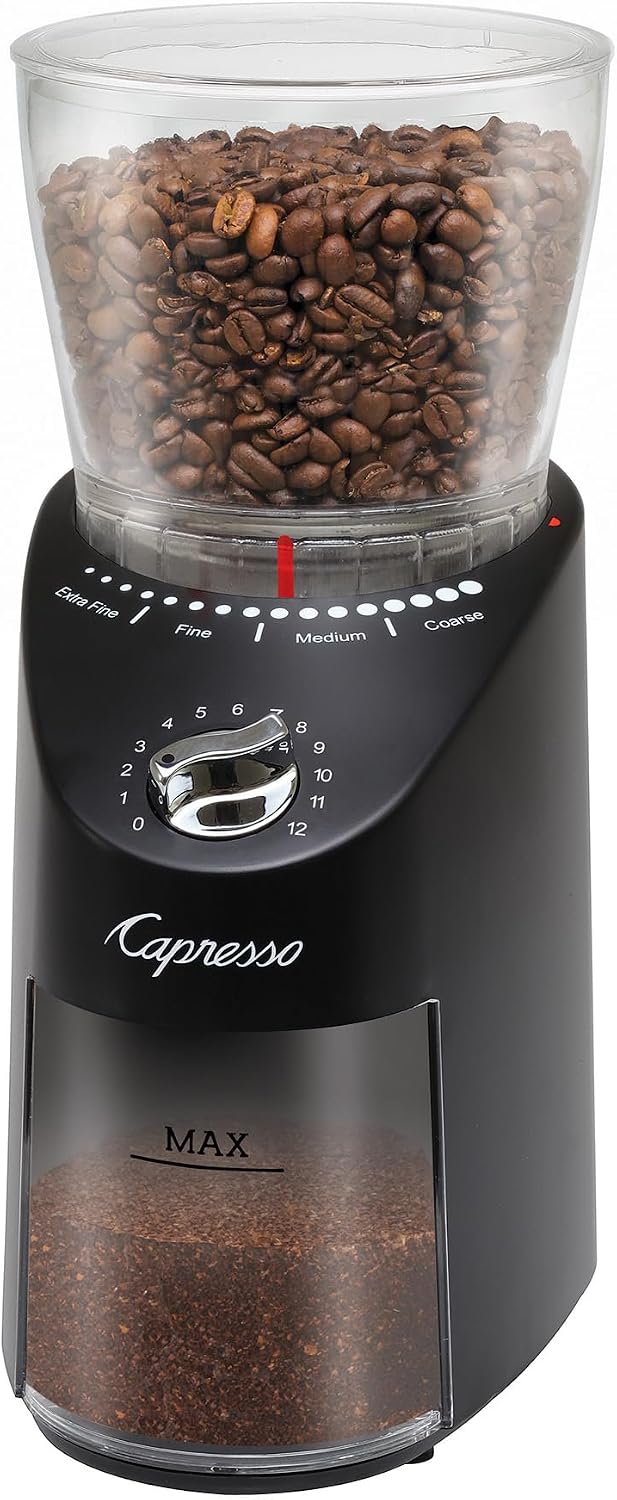 Capresso Infinity Plus conical burr grinder black front view