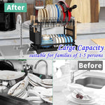XLMYS dish drying rack displaying plates and bowls organized on both tiers.