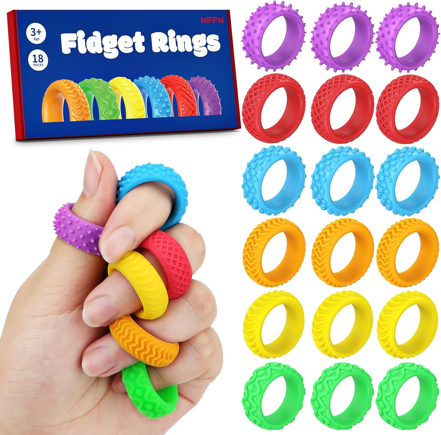 NPPN silicone fidget rings eighteen pack front view showing multiple vibrant colors and textures.