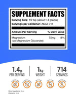 BulkSupplements Magnesium Gluconate pure unflavored powder supplement nutrition facts and serving information.