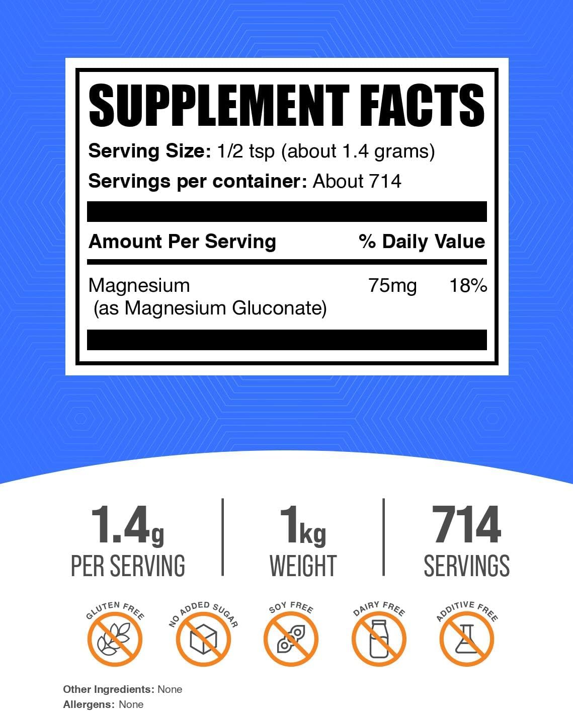 BulkSupplements Magnesium Gluconate pure unflavored powder supplement nutrition facts and serving information.