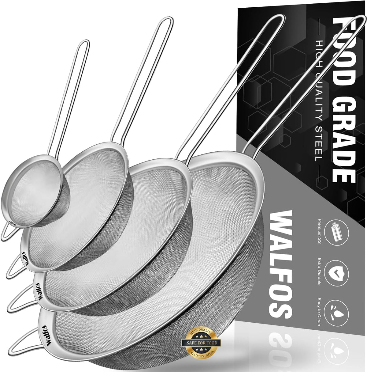 Walfos Fine Mesh Strainers Set, Premium Stainless Steel Colanders and Sifters, with Reinforced Frame Sturdy Handle, Perfect for Sift, Strain, Drain Rinse Vegetables, Pastas Tea - 3 Sizes - Image 13