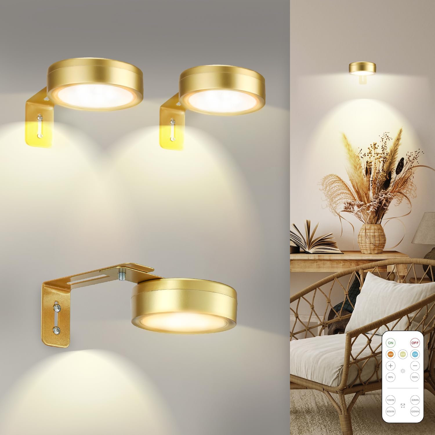 3 Pack Gold Battery Operated Picture Light, Wireless Picture Lights for Wall with Remote Dimmable Timer,3 Lighting Modes Pictures Frame Light for Artworking,Magnetic Painting Lights Wall Decor - Image 1