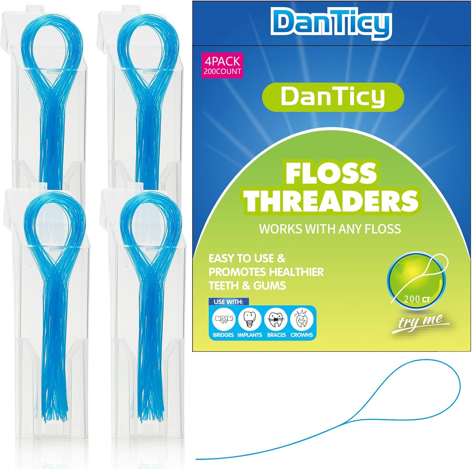 Floss Threaders, Deep Clean Dental Floss Threader for Braces, Bridges, and Implants 200PCS(4Pack),Blue - Image 1