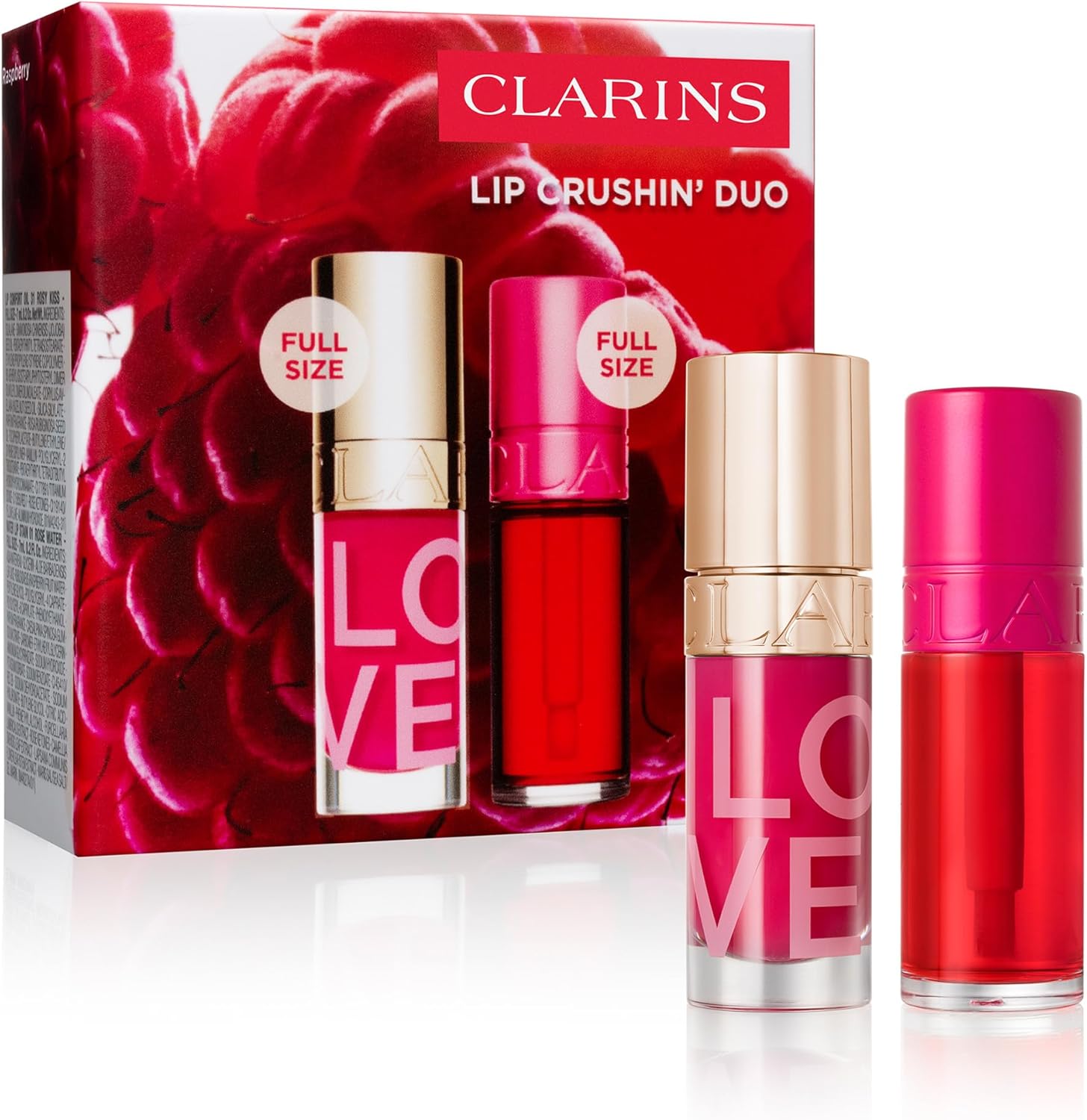 Clarins Lip Crushin Duo set front view showing water lip stain and lip comfort oil packaging