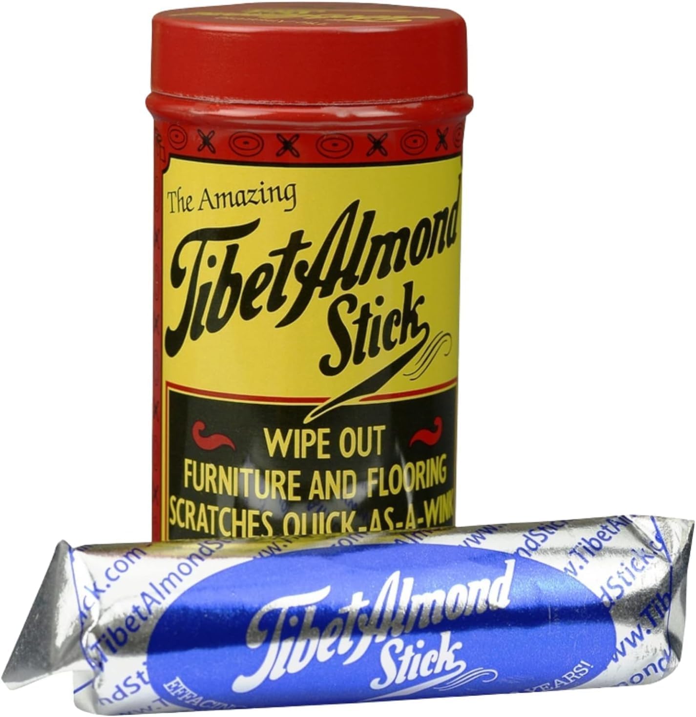 Tibet Almond Stick wood scratch remover front view in red tin for furniture repair