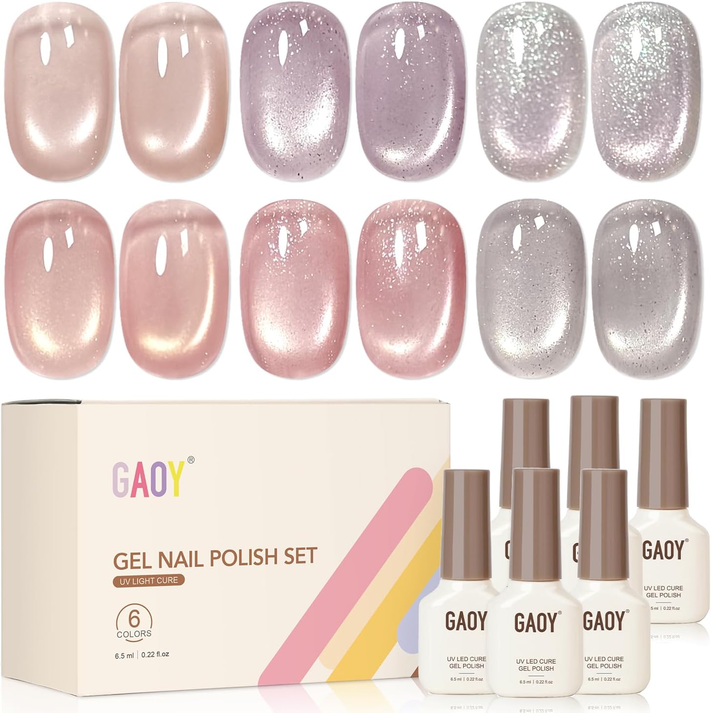 GAOY Cat Eye Gel Nail Polish Set with Magnet, Confetti Magnetic Nail Gel Neutral Nude Colors, Glitter Holography DIY Manicure - Image 1