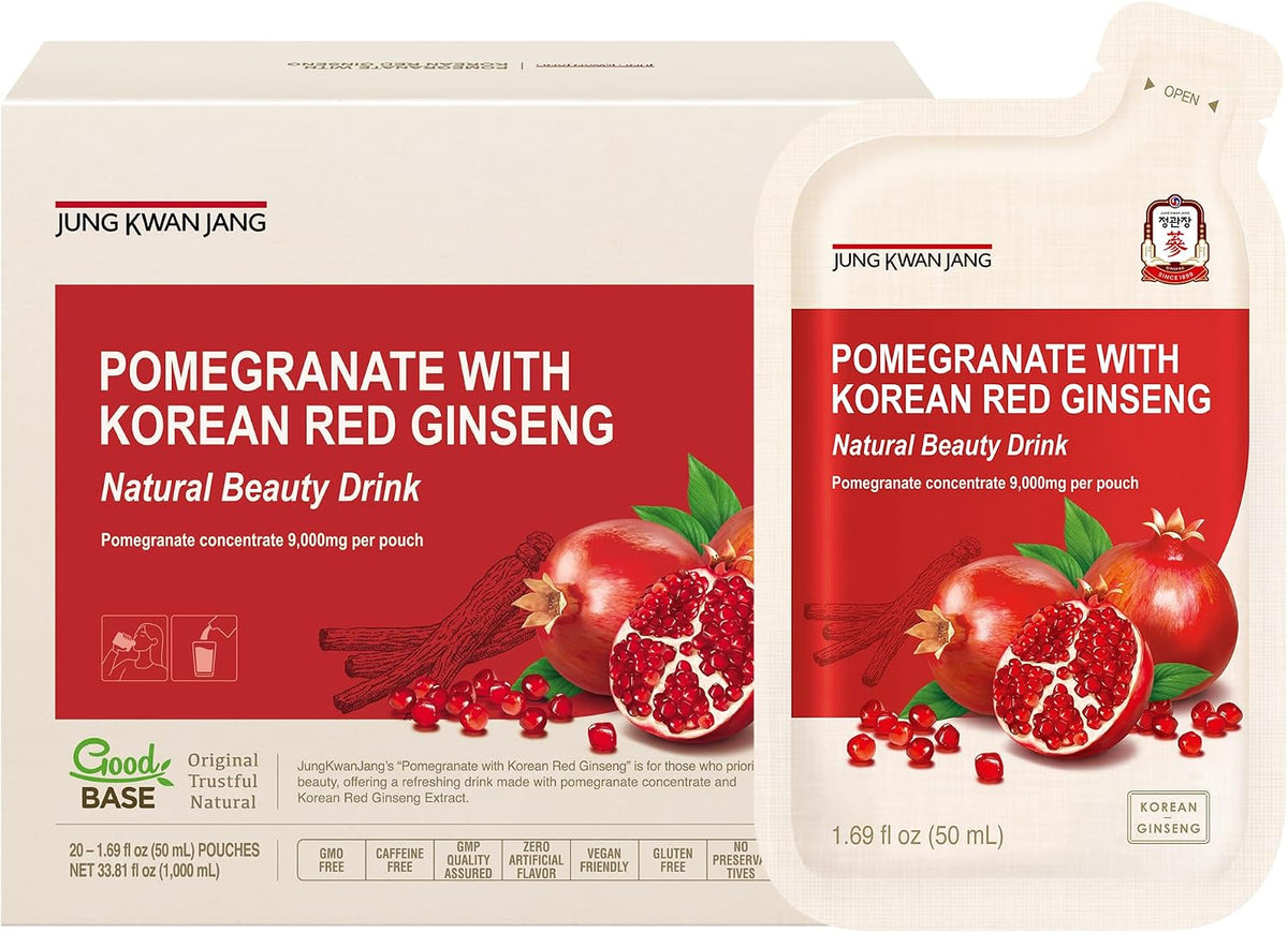 Jung Kwan Jang Pomegranate with Korean Red Ginseng front box view showcasing twenty liquid pouches