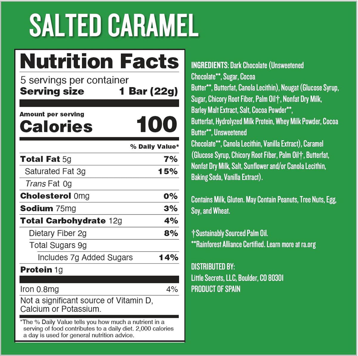 Little Secrets 100 calorie chocolate bar packaging showing premium ingredients
