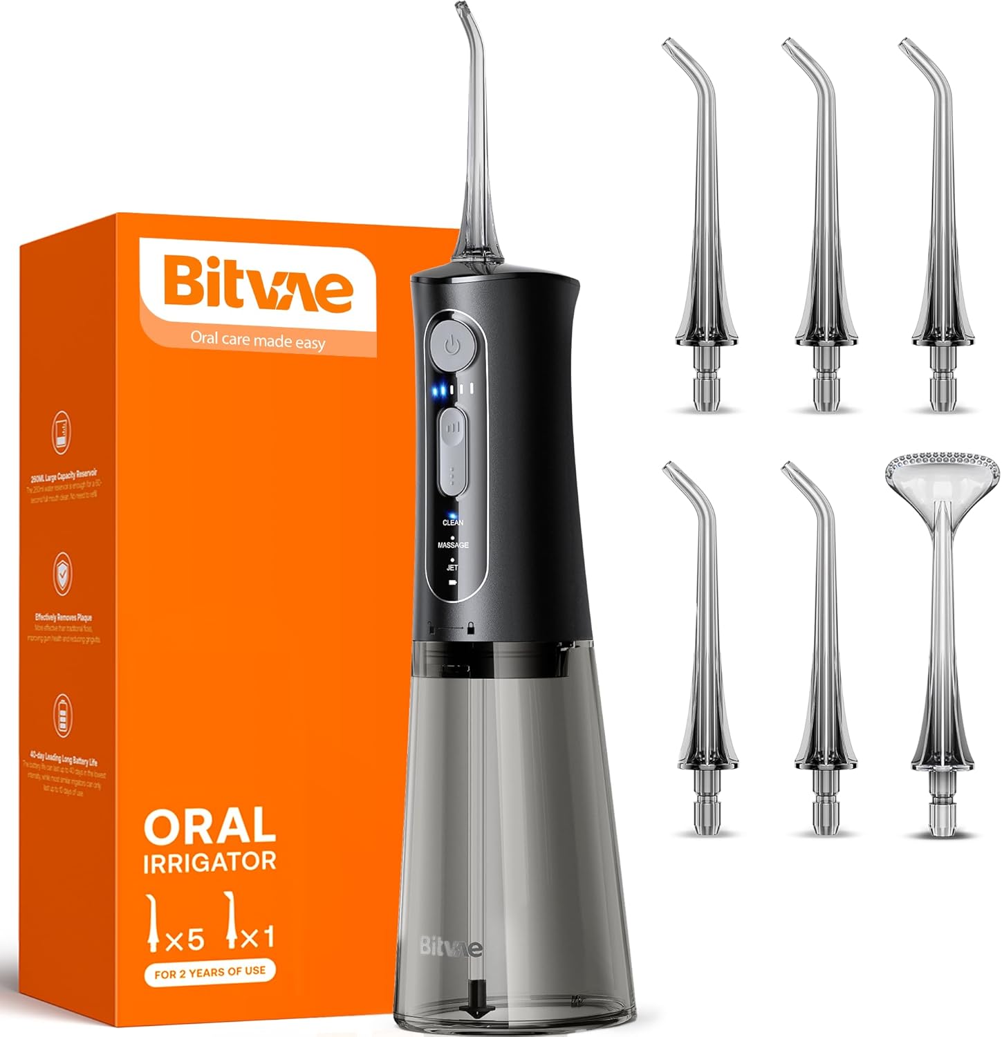 Bitvae Cordless Water Dental Flosser front view in black color.