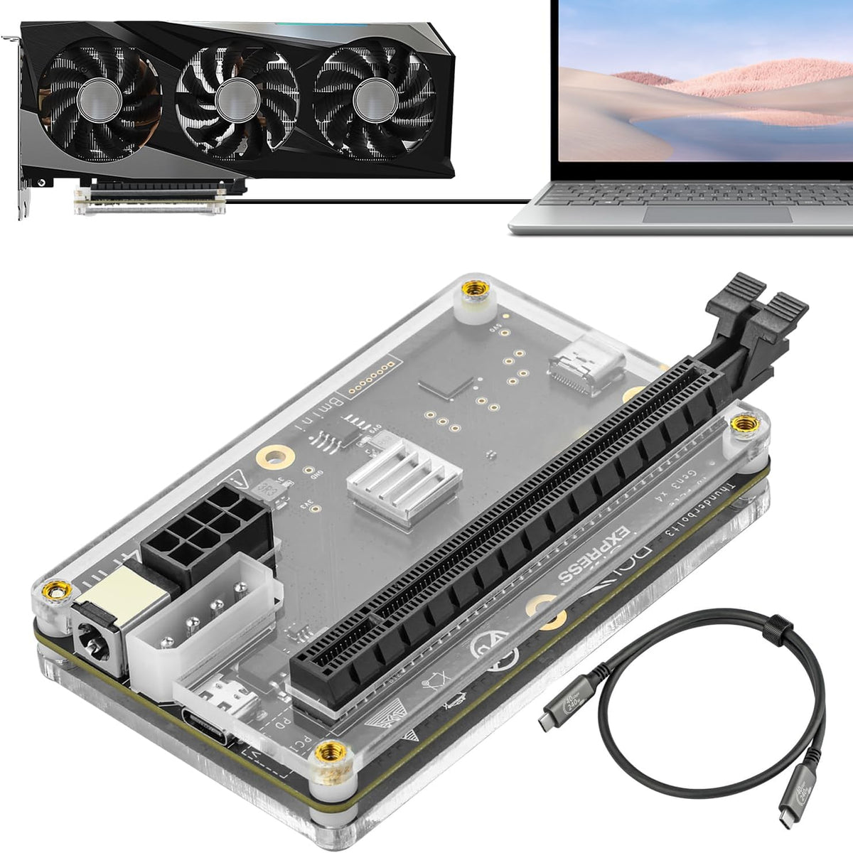 OwlTree external GPU docking station front view showing the PCIe slot and data ports.