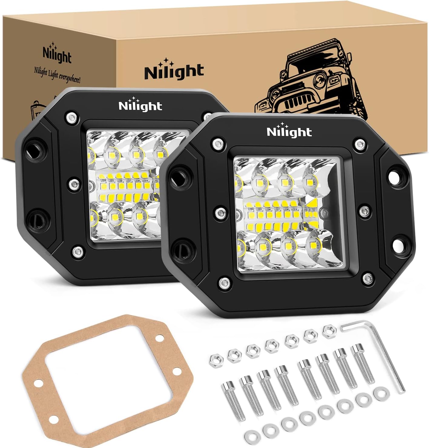 Nilight 42W Flush Mount LED Light Pods front view showing the 14 high intensity LED chips layout.