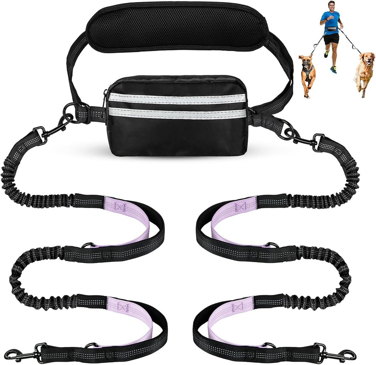 Hands Free Dog Leash, Double Dog Leash with Waist Bag, Back Brace, Double Padded Handles, Running Belt Fanny Pack with Phone, Treat, (Large, 26-120 lbs) - Image 12