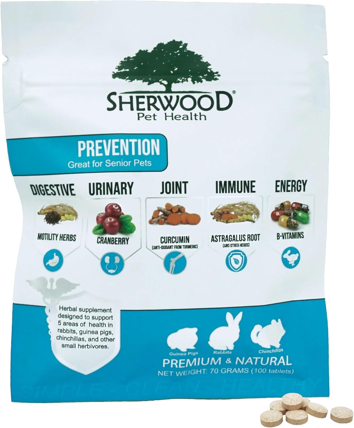 Sherwood Pet Health Prevention 100 Tablets front view bag showing natural motility herbs supplement