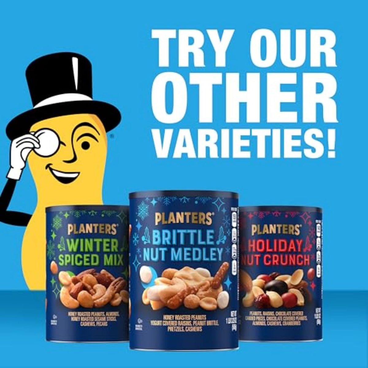 Authentic Planters Winter Edition Brittle Nut Medley holiday snack mix details.