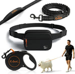 Q Leash hands free retractable dog leash front view showing black waist belt pouch and bungee lead.