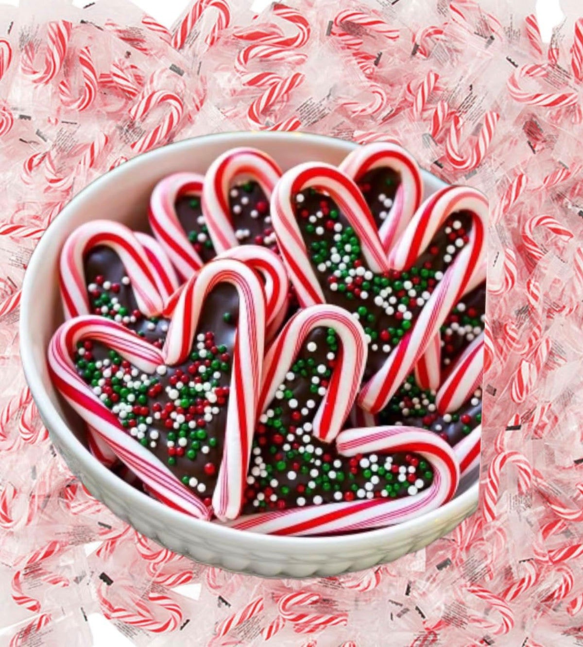 Kandyrifik peppermint candy canes arranged as festive Christmas tree stocking fillers.