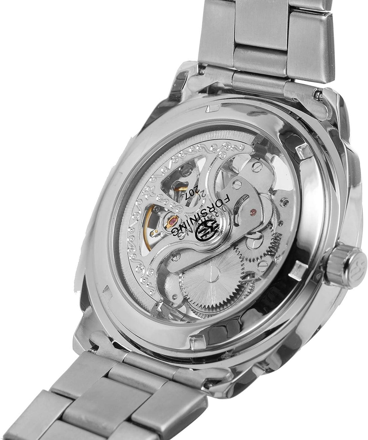 Forsining mechanical watch caseback and clasp detail