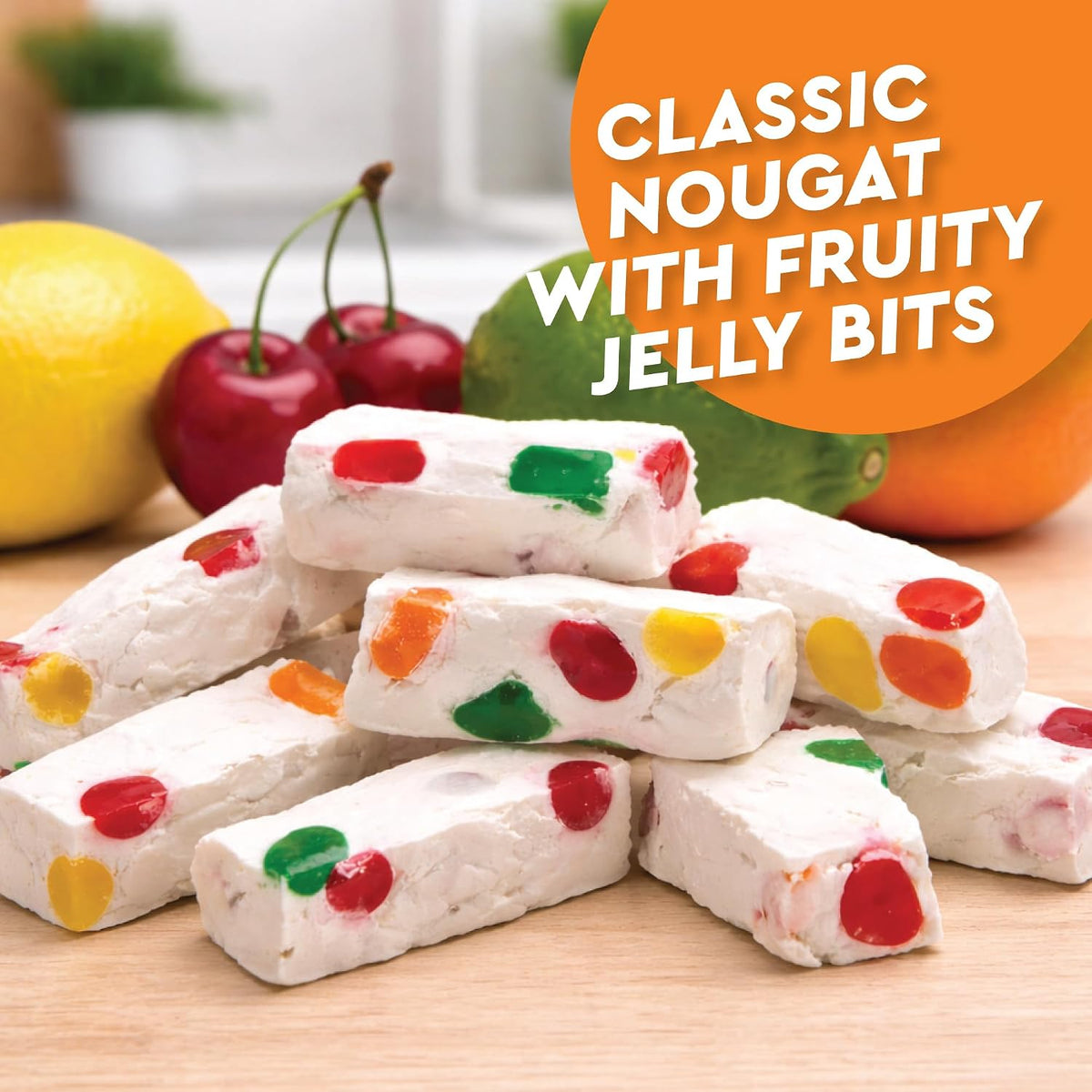 Nostalgic sweet treats with mixed fruit jelly cubes close up