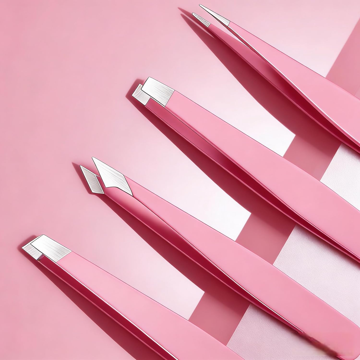 FSSODWT stainless steel precision tweezers set pink front view for professional eyebrow shaping