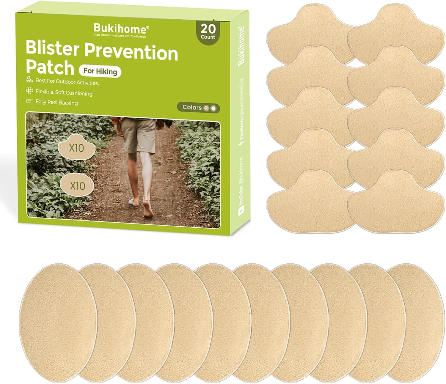 Bukihome Upgraded Foam Moleskin Adhesive Pads for Feet - Moleskin for Blisters & Shoes, Blister Prevention Tape - Reduce Friction Pain on Heels/Toes - 20 Sheets of 2 Shapes - Image 1