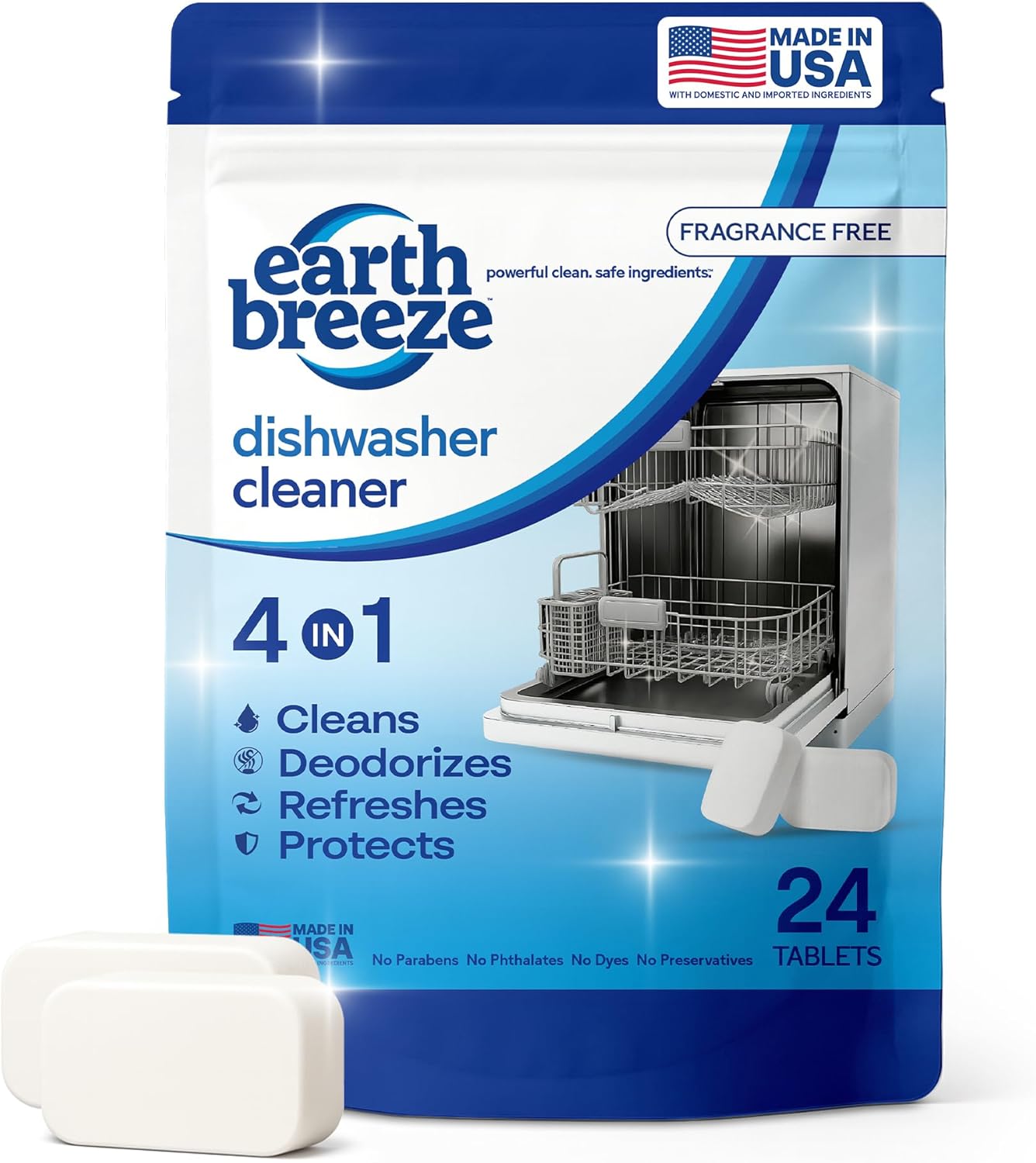 Earth Breeze Dishwasher Cleaner Tablets – 4-in-1 Cleans, Deodorizes, Refreshes & Protects – Removes Odor, Buildup & Residue – Fragrance Free, No Harsh Chemicals, Safe for All Dishwashers - Made in USA - Image 1
