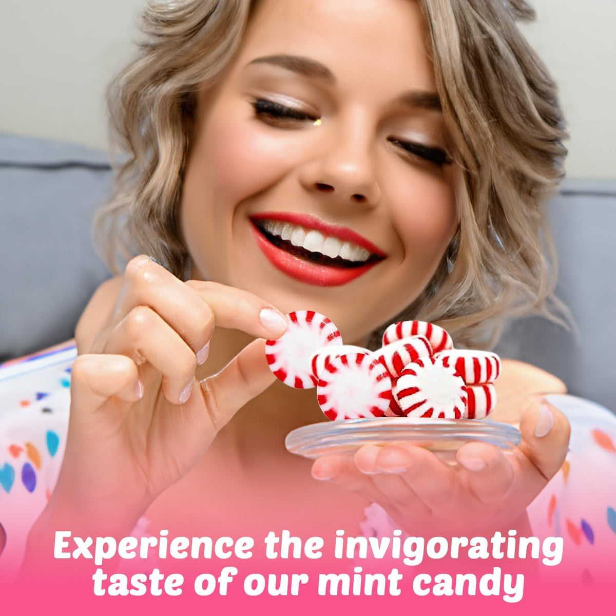 Bulk peppermint hard candy pieces filling a glass office reception bowl