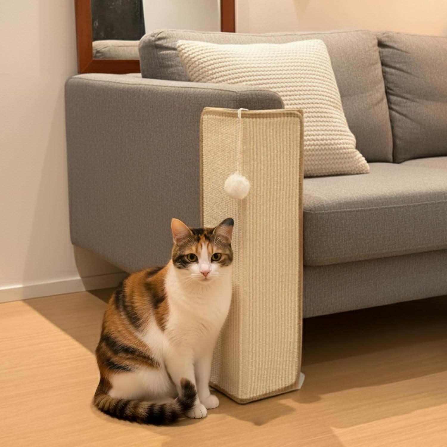 PETKARAY Under Furniture Cat Scratcher front view showing natural sisal vertical post and stable wooden base