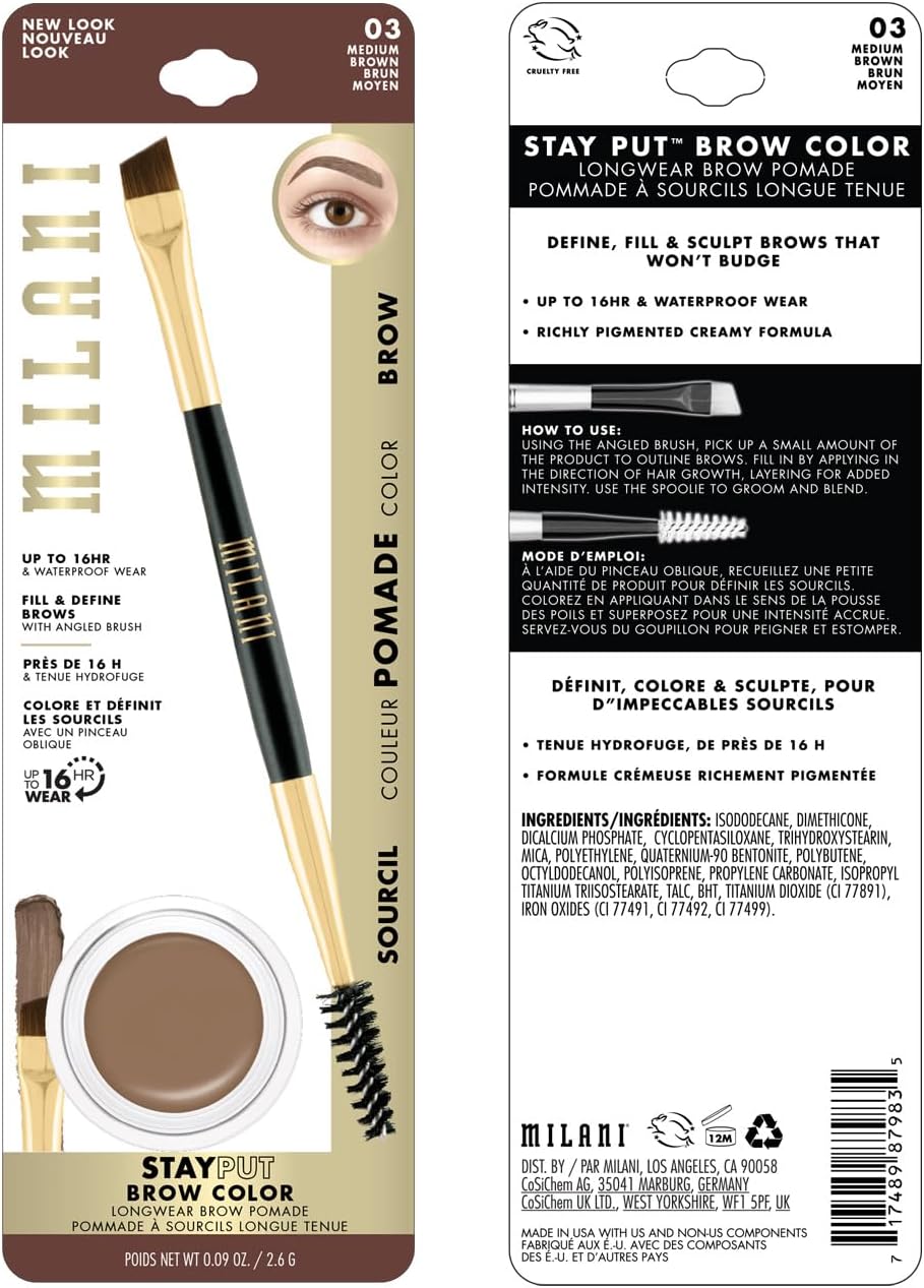 Milani eyebrow pomade in Medium Brown with dual ended spoolie brush tool
