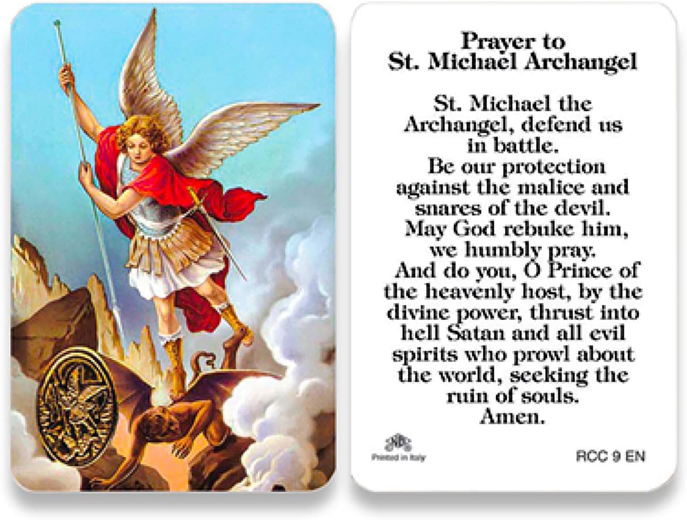 San Francis Imports St. Michael the Archangel prayer card front view with embedded medal and artwork.