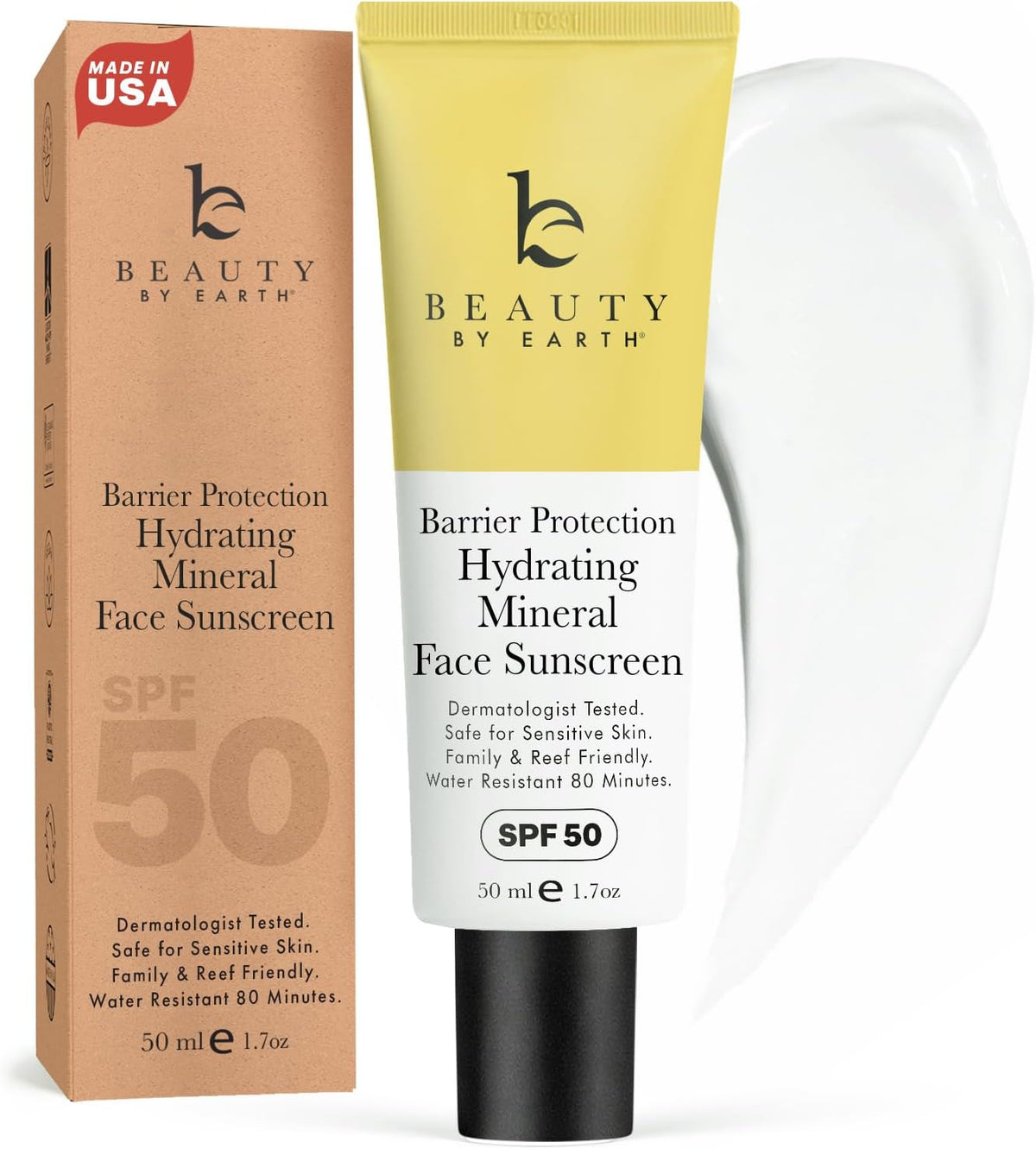 Beauty by Earth mineral face sunscreen SPF 50 tube front view